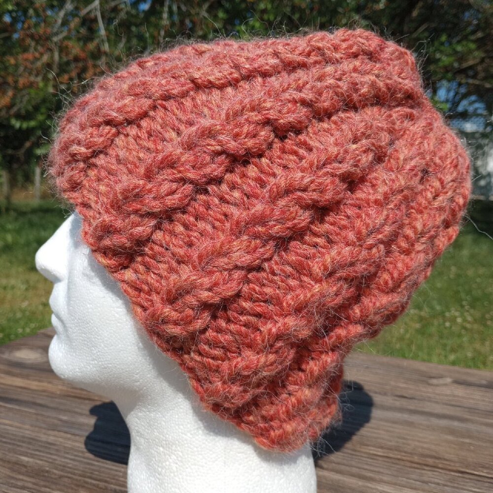 Alpaca Beanie Skully Hat Men Thick Chunky Hand Knit Wool Rib Orange Spice XL - Picture 6 of 9